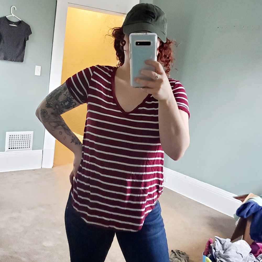 AE Wine and white striped v-neck top
